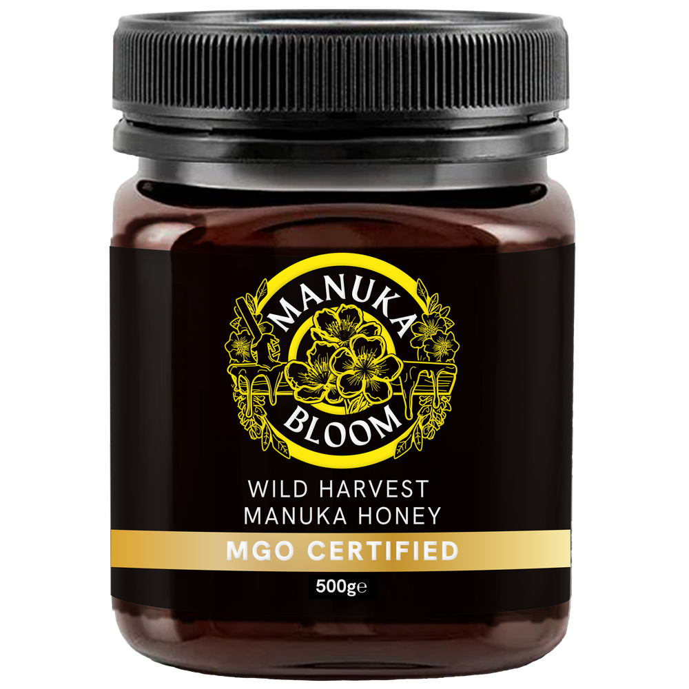 Manuka Bloom Australian Manuka honey 1500+ MGO amber jar front view with premium label