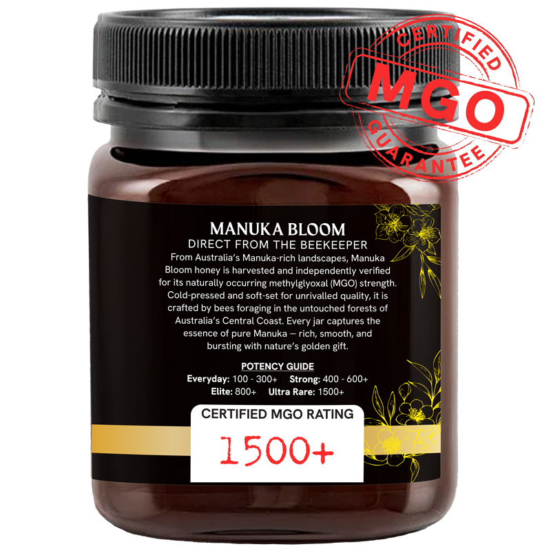 Manuka Bloom Australian Manuka honey 1500+ MGO amber jar right side view mgo certified stamped