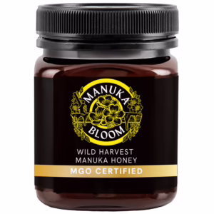 Manuka Bloom Australian Manuka honey 1500+ MGO amber jar front view with premium label
