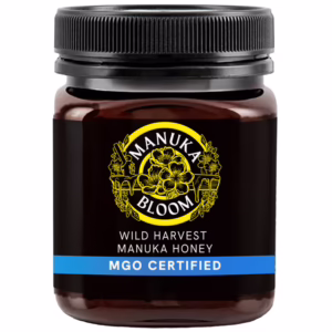Manuka Bloom Australian Manuka honey 250+ MGO amber jar front view with premium label