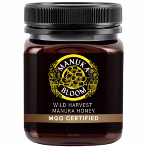 Manuka Bloom Australian Manuka honey 550+ MGO amber jar front view with premium label
