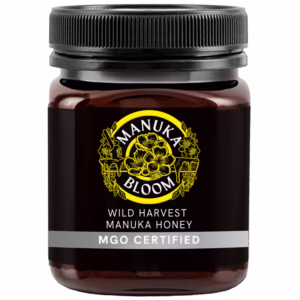 Manuka Bloom Australian Manuka honey 800+ MGO amber jar front view with premium label