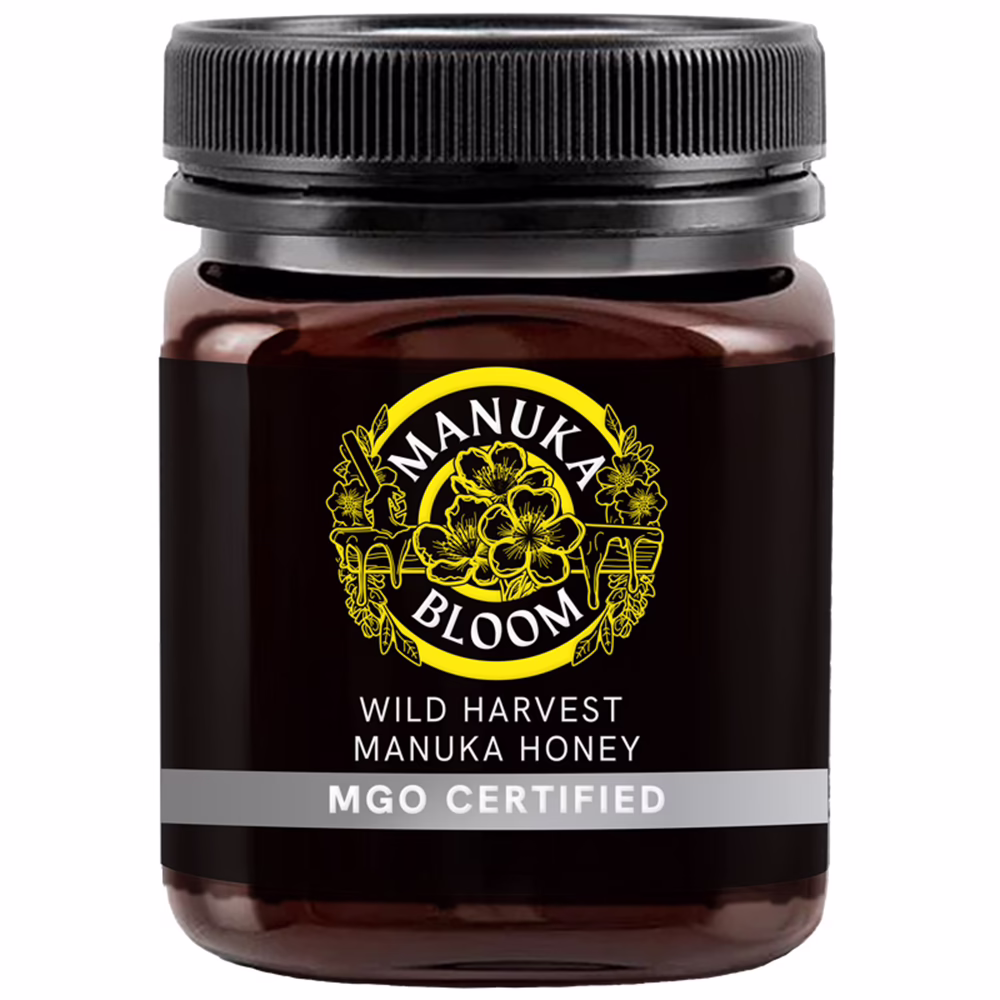 Manuka Bloom Australian Manuka honey 800+ MGO amber jar front view with premium label