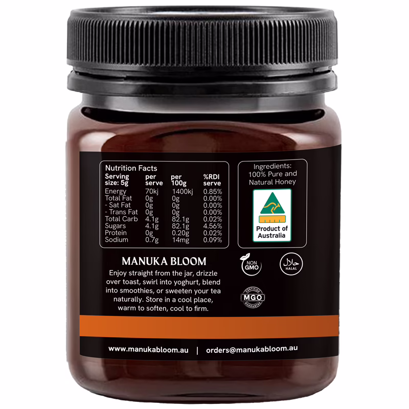 Manuka Bloom Australian Manuka honey MGO 100+ creamed amber left view with premium label