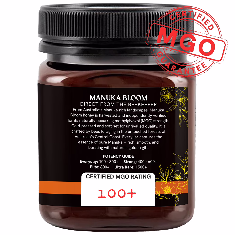 Manuka Bloom Manuka honey MGO 100+ Creamed amber jar right side view mgo certified stamped