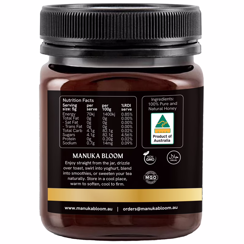 Manuka Bloom Australian Manuka honey MGO 1500+ amber jar left view with premium label