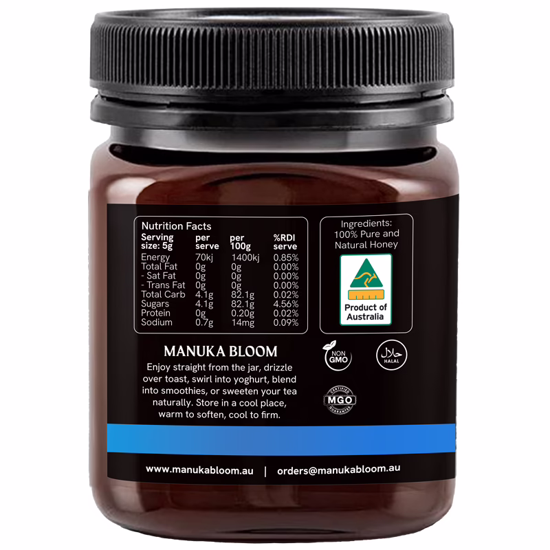 Manuka Bloom Australian Manuka honey MGO 250+ amber jar left view with premium label