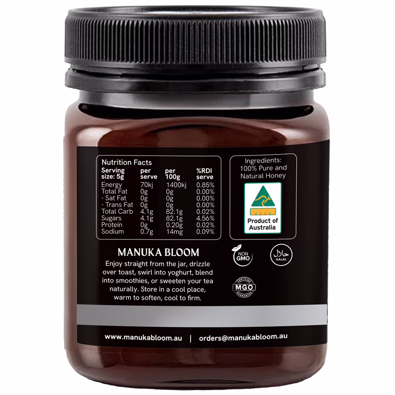 Manuka Bloom Australian Manuka honey MGO 800+ amber jar left view with premium label